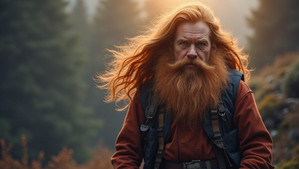 Cozy, Space light weight Mountaineer Male Dwarf, his hair is Caramel, back light