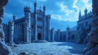 Pencil painting, landscape of a Folded Chakrata and Layered Medieval castle courtyard, at Blue hour, Horror