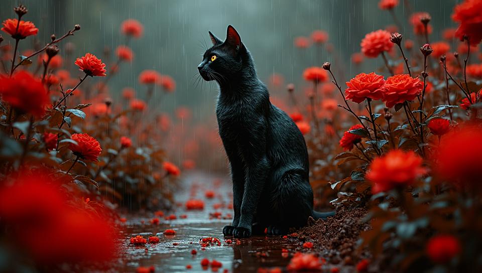 cubism art designed by Pablo Picasso , Robotic Refined Crimson Chat, near flowers, Raining