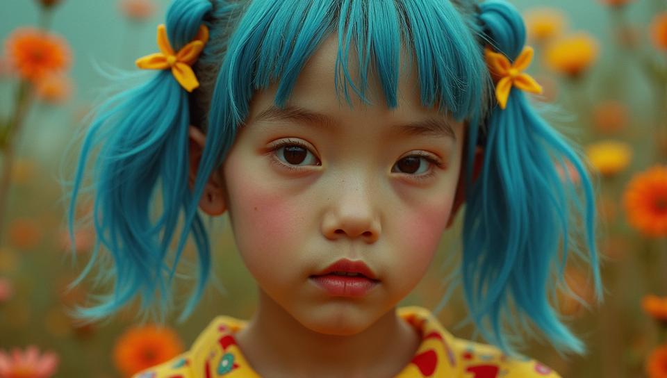 surrealism art by Casey Weldon, lanky Navajo Hikaru Sulu, Chonmage hairstyle, Blue and Yellow Hair Ribbons