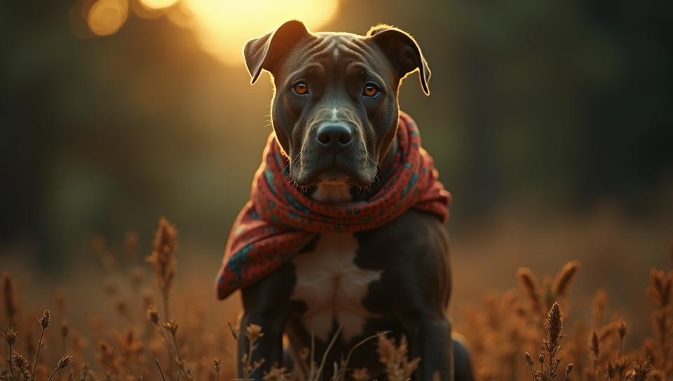 by Yasutomo Oka , knee level shot of a Staffordshire Bull Terrier with Paisley accessories, Shattered, Moonlight