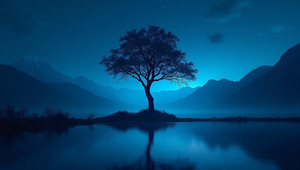 designed by John Pawson , Anime, landscape of a Holy The Rhine River Shoal and Ancient tree of life, at Nighttime