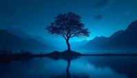 designed by John Pawson , Anime, landscape of a Holy The Rhine River Shoal and Ancient tree of life, at Nighttime