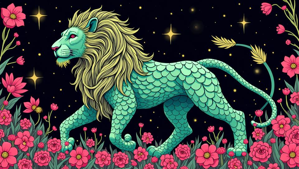 Scaly Overwrought Leo constellation, covered in Flora, background, Simple and clean