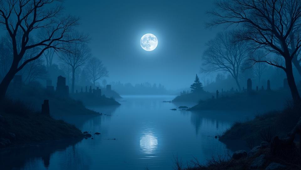 landscape of a Mystic Lagoon in the distance there is a Eerie fog covered cemetery, Abandoned, Moon in the night, Dark