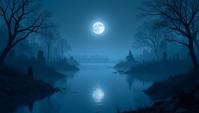 landscape of a Mystic Lagoon in the distance there is a Eerie fog covered cemetery, Abandoned, Moon in the night, Dark