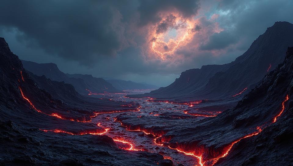 designed by Wendy Froud, dark art, landscape of a Moody Lava Mountain Zone, hillside in background