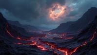 designed by Wendy Froud, dark art, landscape of a Moody Lava Mountain Zone, hillside in background