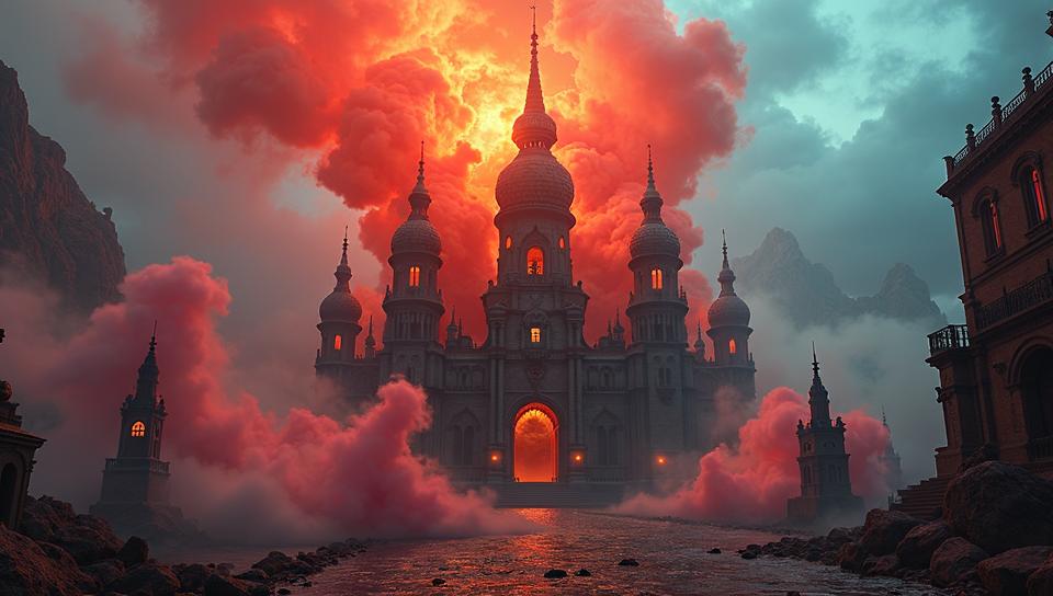 the Anomaly of Building, colorful smoke, insane details, steampunk details