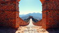 high contrast art designed by Frank Miller , grand wall Graffiti, noir, Full length frame of a Lace Unmotivated Construction of the Great Wall of China