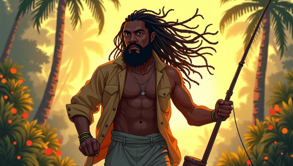 cartoon art stylized by Sam Bosma, character art, Energizing lanky Dominican Male Fisherman, Gorgeous hair styled as Dreadlocks