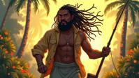 cartoon art stylized by Sam Bosma, character art, Energizing lanky Dominican Male Fisherman, Gorgeous hair styled as Dreadlocks