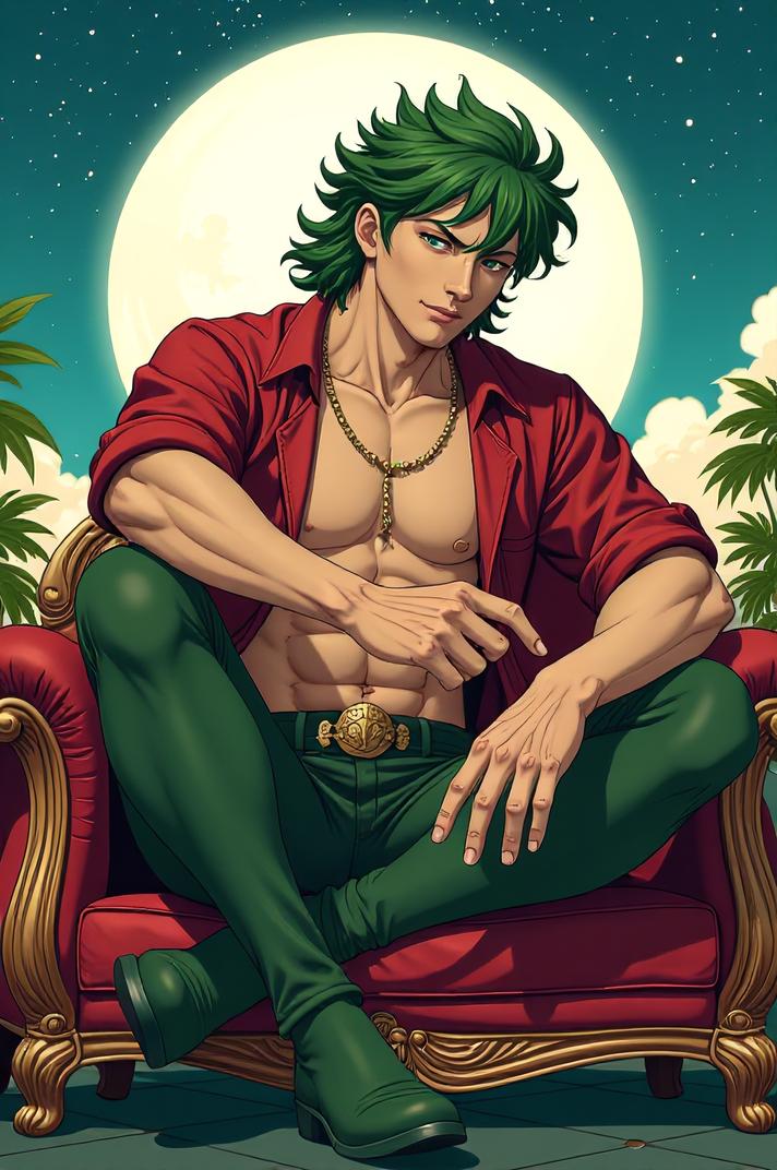 asian anime style marvel Moon Knight masterpiece,best quality , asian anime, Mullet Curly green hair
