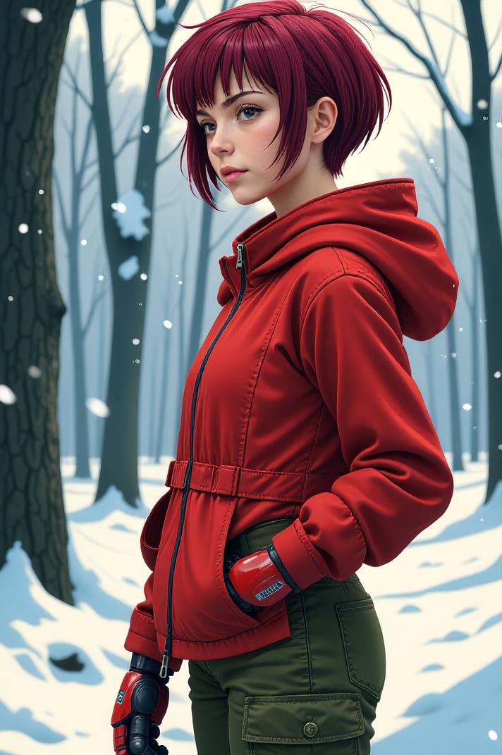 anime style masterpiece,best quality , Crew Cut maroon hair, winter