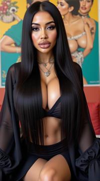 crazy fashion model, straight long black hair , stylized by Mario Testino , Fashion photography of a supermodel