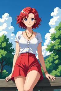 anime style masterpiece,best quality , Over Eye Curly cerise hair, summer