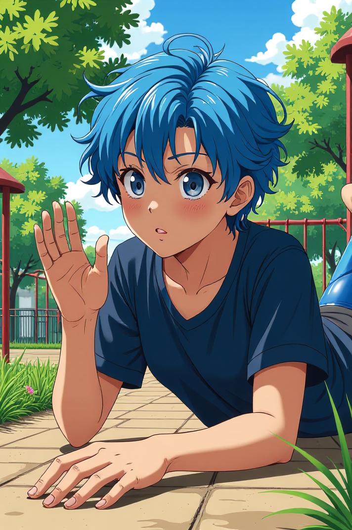 asian anime style marvel Deathlok masterpiece,best quality , asian anime, Over Eye Curly prussian blue hair