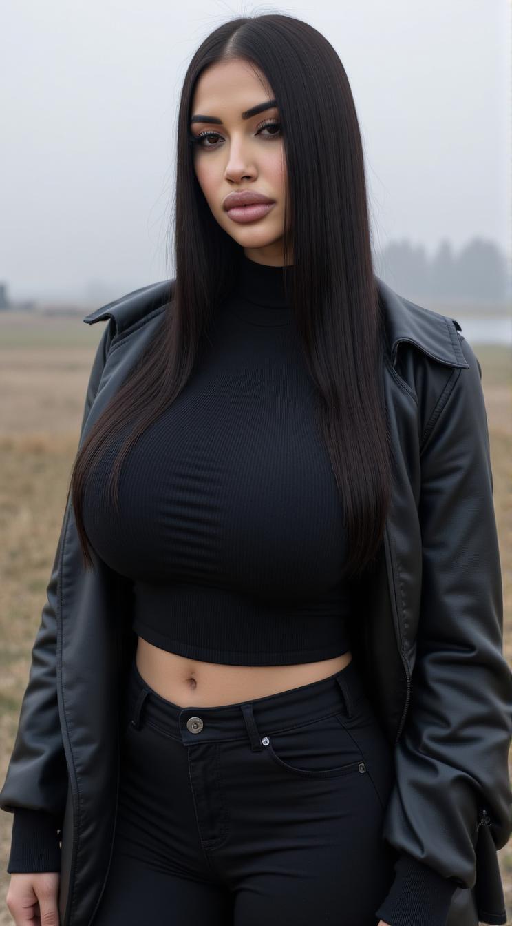 crazy fashion model, straight long black hair , Fashion photography of a supermodel , dressed in fashion outfit
