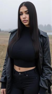 crazy fashion model, straight long black hair , Fashion photography of a supermodel , dressed in fashion outfit