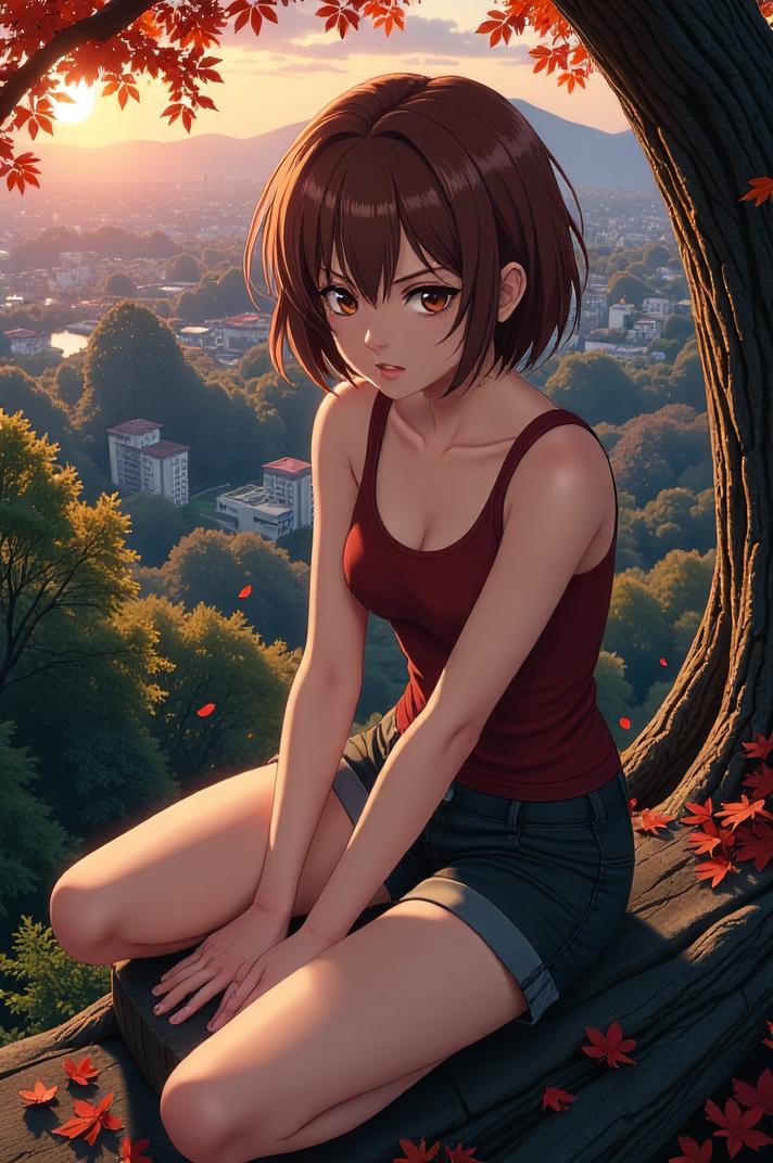 anime style masterpiece,best quality , Bald brown hair, autumn