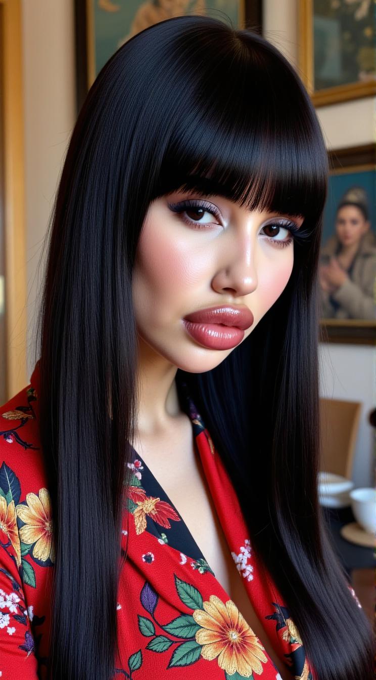 crazy fashion model, straight long black hair , designed by Paul Poiret, Fashion photography of a supermodel