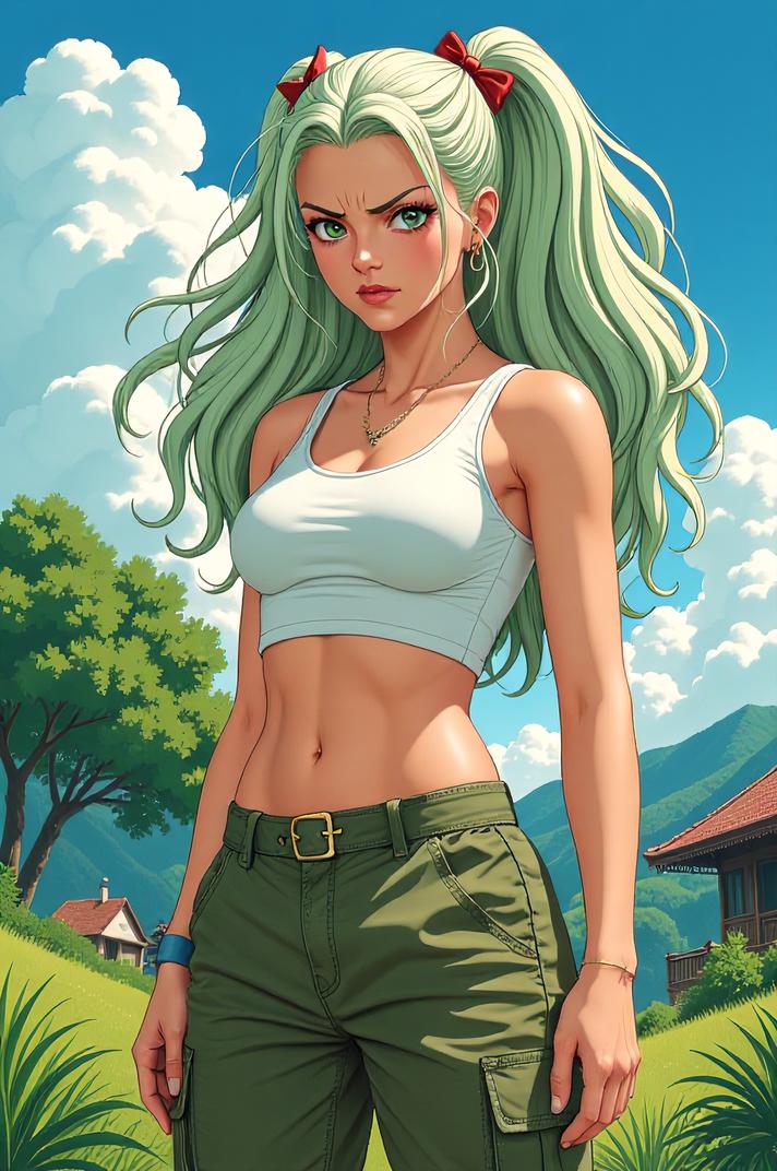 anime style masterpiece,best quality , Bald jade hair, spring