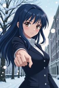 anime style masterpiece,best quality , Rachel navy blue hair, winter