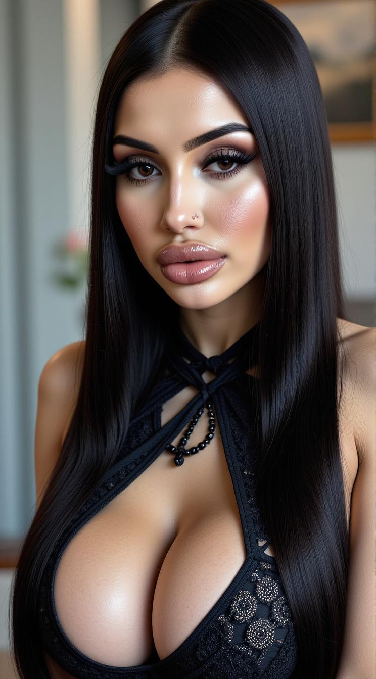 crazy fashion model, straight long black hair , Fashion photography of a Amusing, dressed in Strapless Byzantine fashion outfit