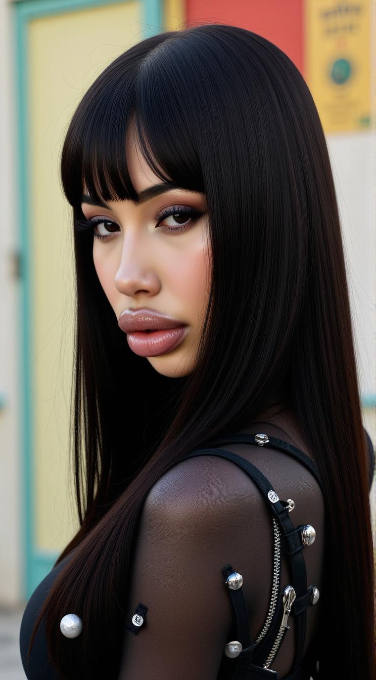 crazy fashion model, straight long black hair , Fashion photography of a stylized, Tang Dynasty supermodel
