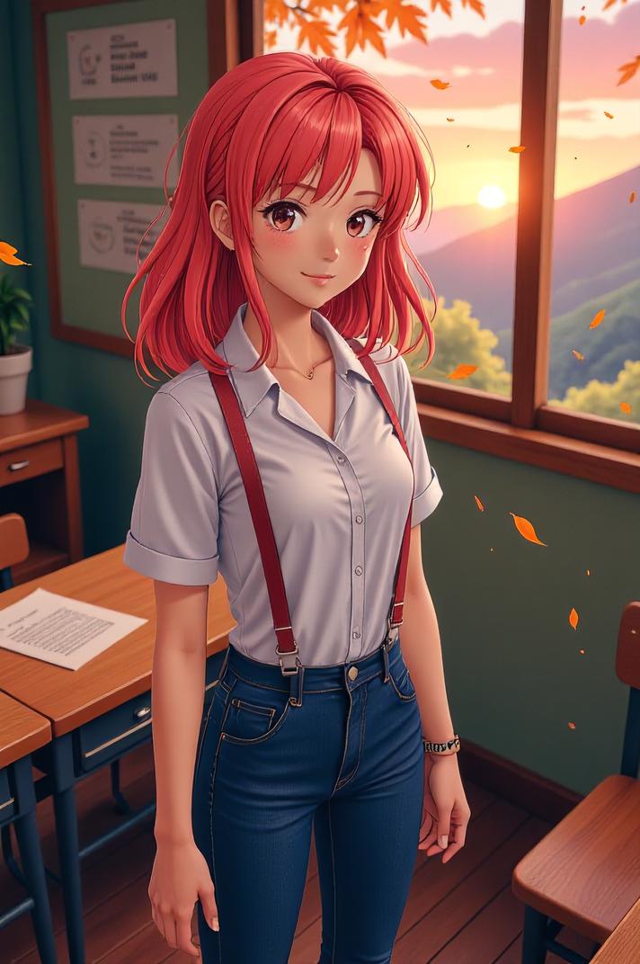 anime style masterpiece,best quality , Mullet coral hair, autumn