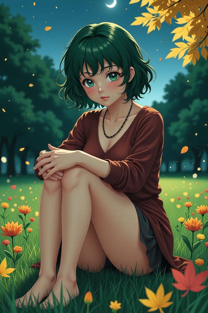 anime style masterpiece,best quality , Mullet Curly shamrock green hair, autumn