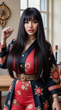 crazy fashion model, straight long black hair , art by Steven Meisel, Fashion photography of a luxurious