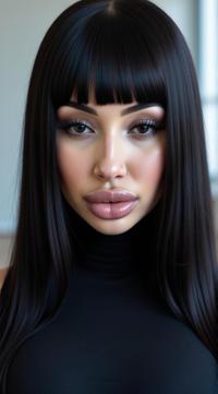 crazy fashion model, straight long black hair , Fashion photography of a supermodel , wearing Bard fashion outfit