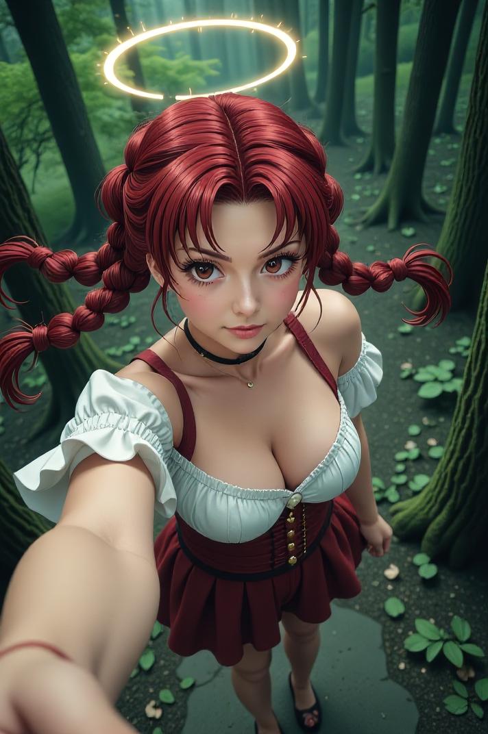 anime style masterpiece,best quality , Pony Tail Braids burgundy hair, spring