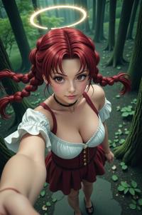anime style masterpiece,best quality , Pony Tail Braids burgundy hair, spring