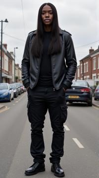 crazy fashion model, straight long black hair , by Junya Watanabe, Fashion photography of a Ivorian supermodel