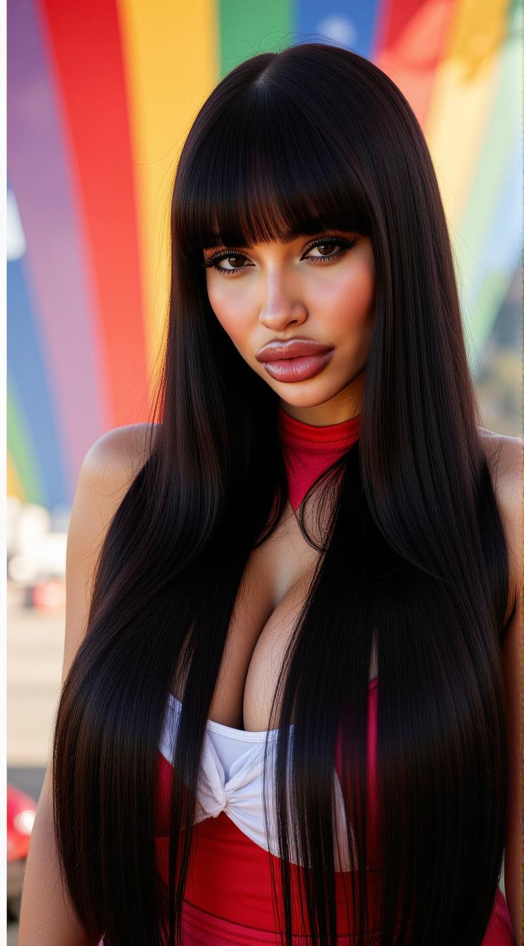 crazy fashion model, straight long black hair , Fashion photography of a supermodel , displayed in a rainbow pattern