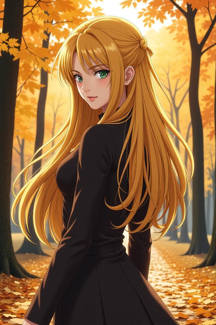 anime style masterpiece,best quality , Long Center Parting yellow hair, autumn