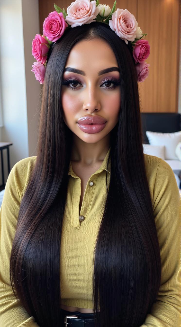 crazy fashion model, straight long black hair , Fashion photography of a supermodel , dressed in fashion outfit