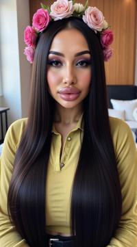 crazy fashion model, straight long black hair , Fashion photography of a supermodel , dressed in fashion outfit