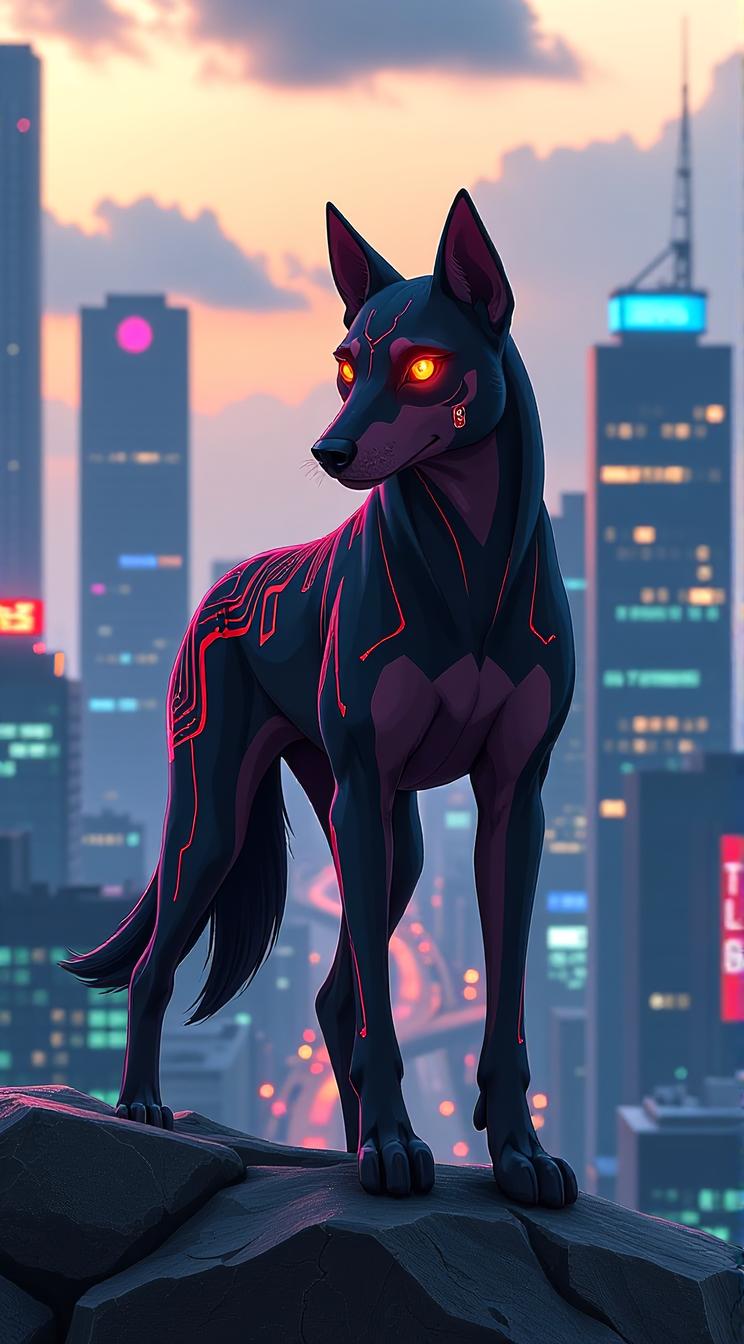 Digital art, Weird Data Hound , cityscape in background, Anime screencap