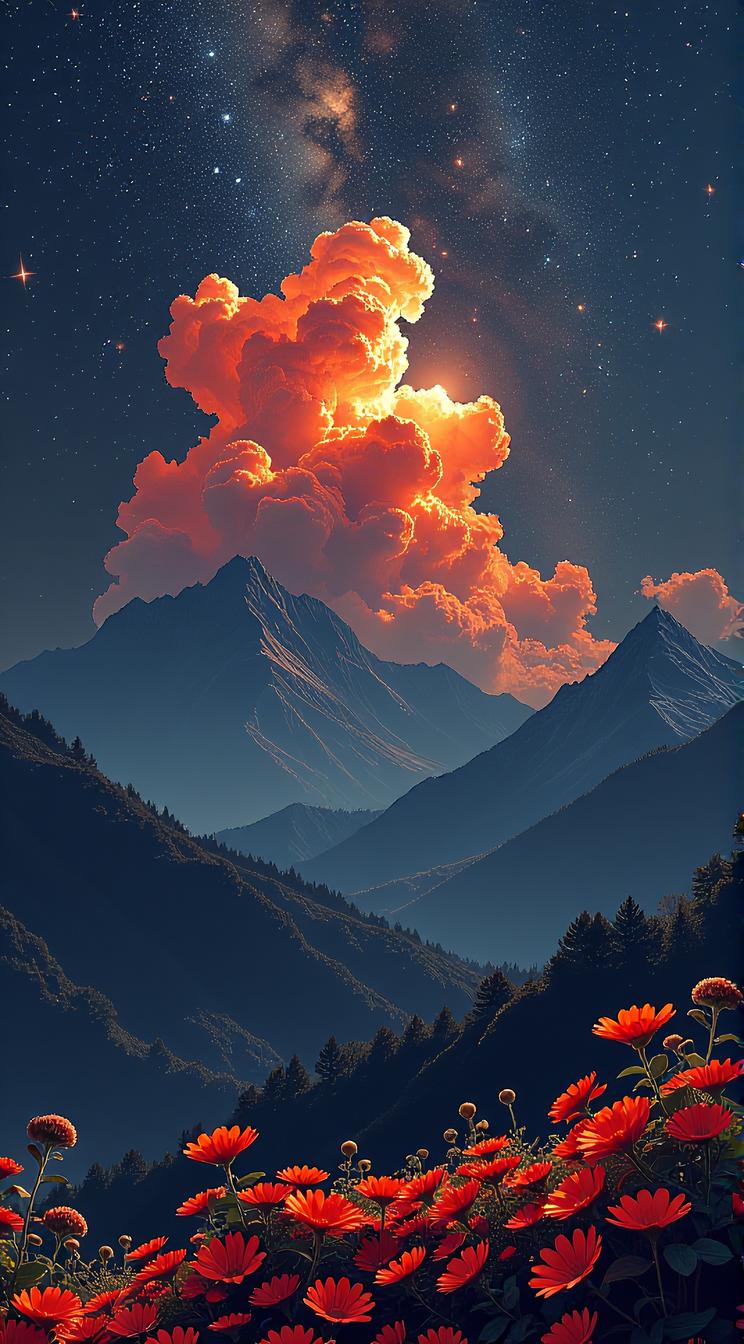 art by Victo Ngai , mountains, shot from side of a Skillful deep orange Globular cluster , hyper detailed