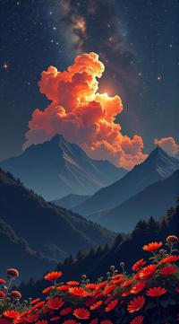 art by Victo Ngai , mountains, shot from side of a Skillful deep orange Globular cluster , hyper detailed