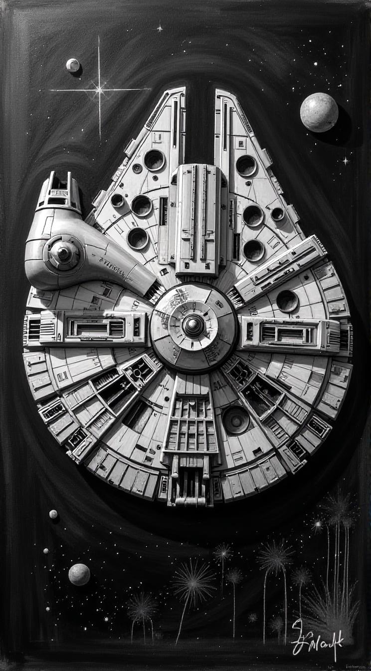 grisaille painting of Roman Millennium Falcon, it is Plush, monochromatic, detailed