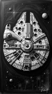 grisaille painting of Roman Millennium Falcon, it is Plush, monochromatic, detailed