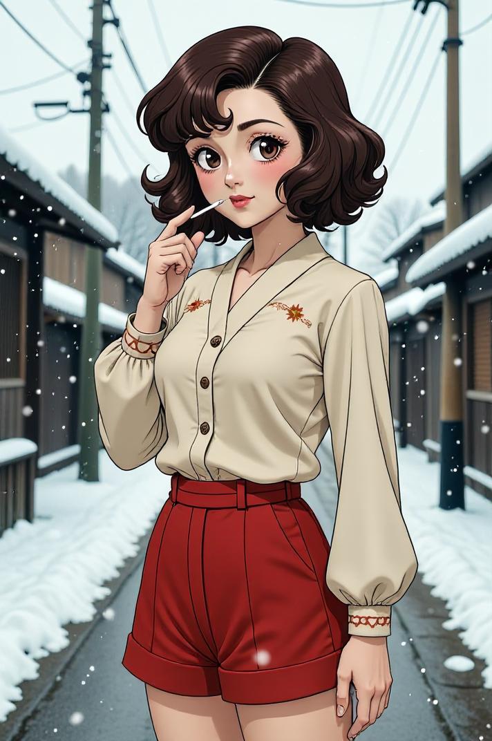 anime style masterpiece,best quality , Bob Curly amaranth hair, winter