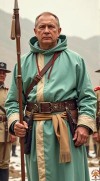 stylized by David Nordahl and John Philip Falter , Clever Soviet Vladimir Putin Siren , he is dressed in a Anime Mint green Jellaba, It is Dirty