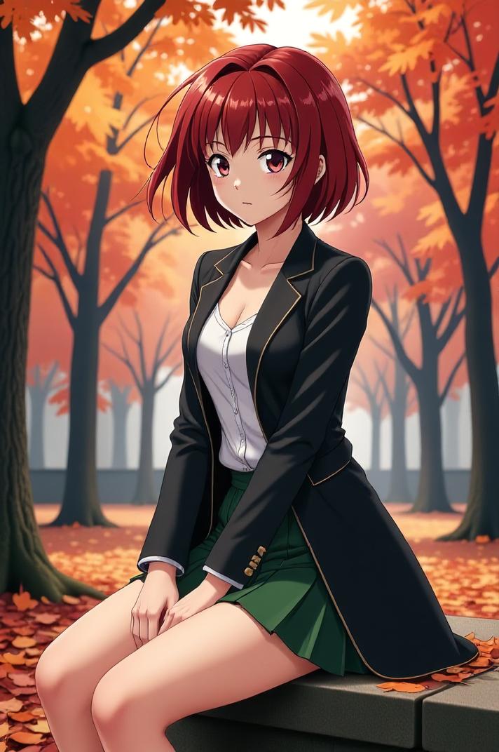 anime style masterpiece,best quality , Center Parting maroon hair, autumn