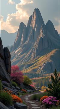 landscape of a Whispering Peaks , it is Ruined and S, spring flora, dramatic lighting