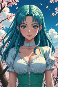 anime style masterpiece,best quality , Center Parting azure hair, spring